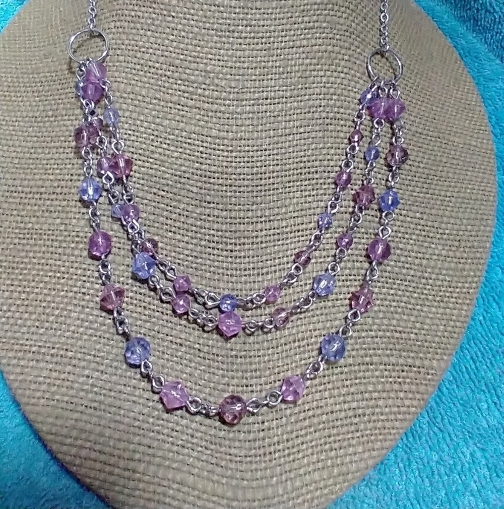 Elegant Pink and Purple Beaded Necklace Silvertone vintage